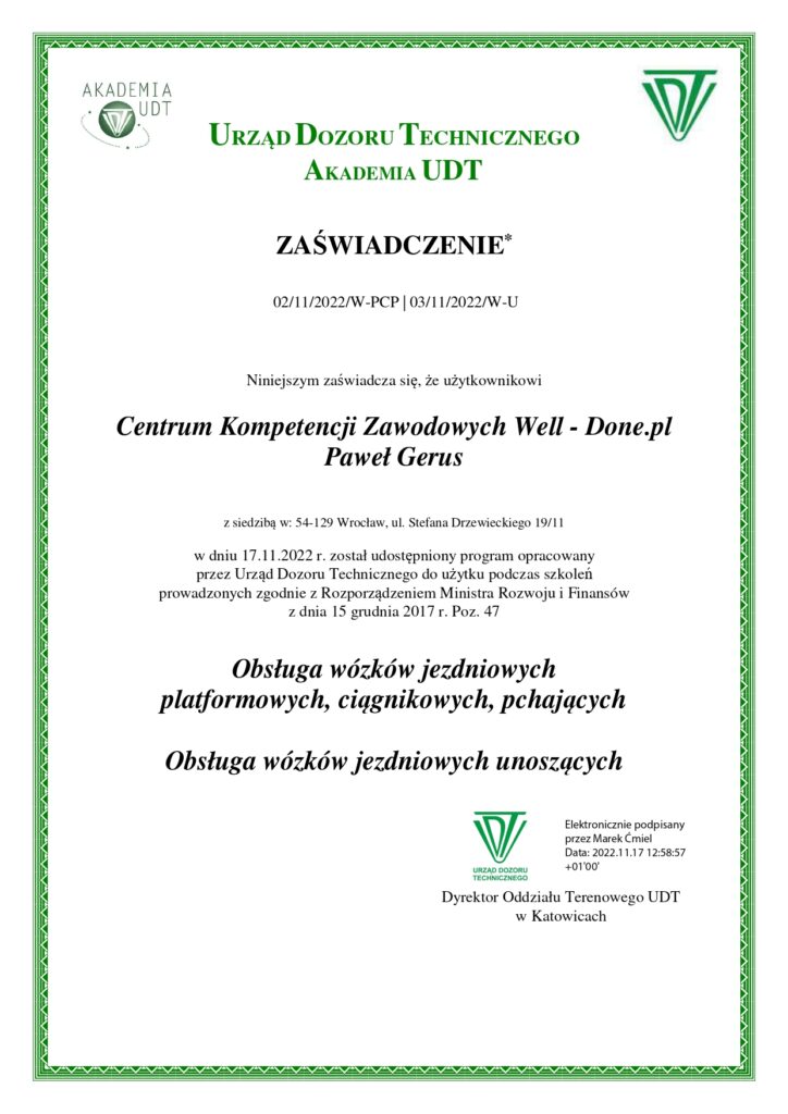 Zaświadczenie z UDT o programach szkoleń dla Well-Done.pl WU-WPCP XI.2022 (2)_page-0001 (1)